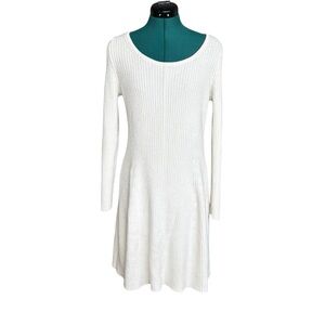 Tommy Hilfiger A-Line Long Sleeve Off White Ribbed Knit Sweater Dress Wool Blend